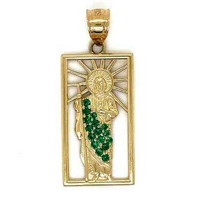 14K Gold Beautiful San Judas Pendant W/ Green CZ