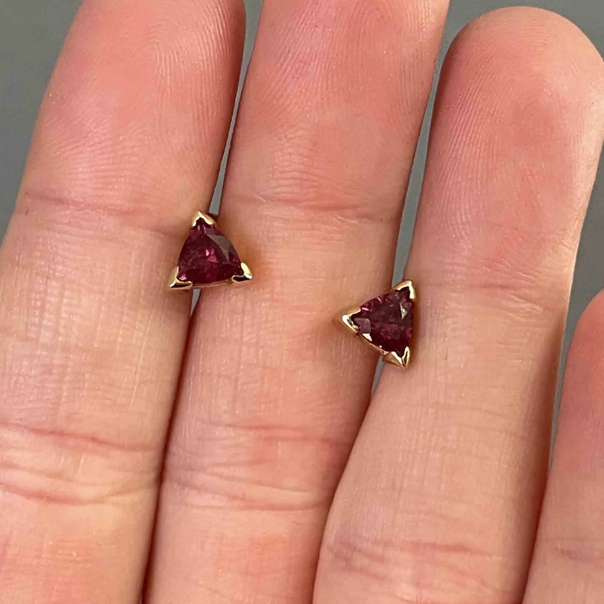 14K Gold Trillion Cut Pink Tourmaline Stud Earrings