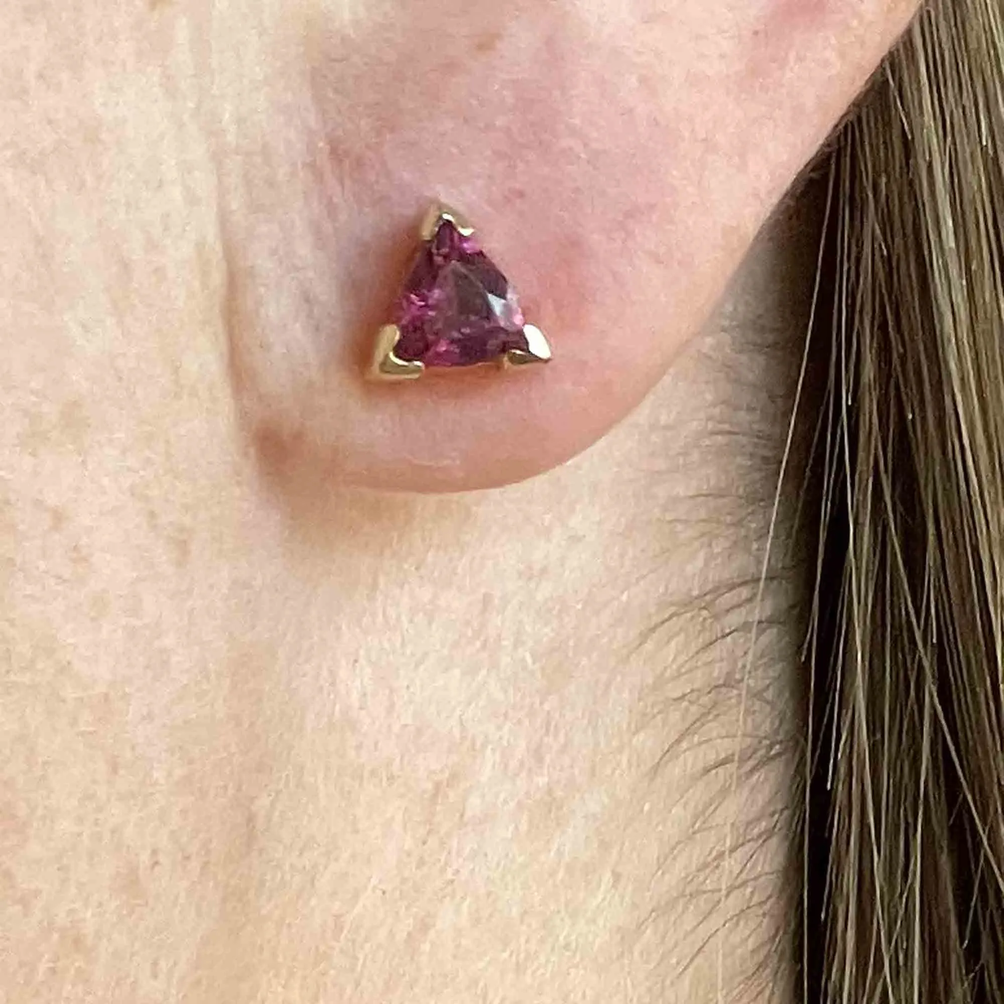 14K Gold Trillion Cut Pink Tourmaline Stud Earrings