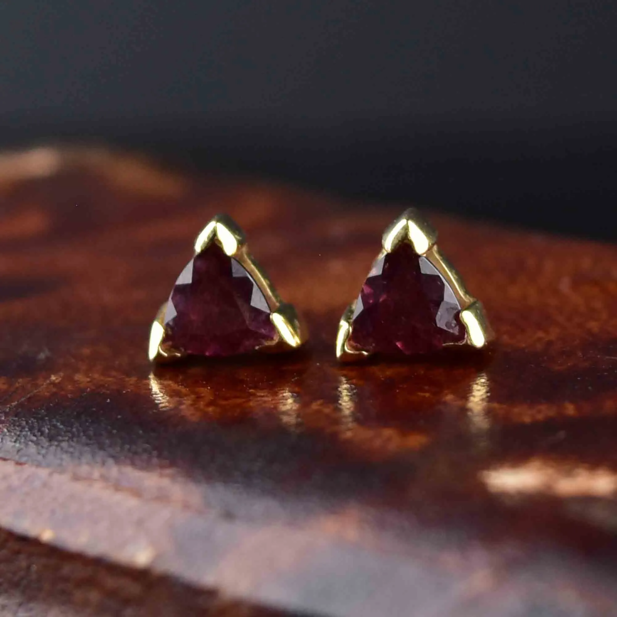 14K Gold Trillion Cut Pink Tourmaline Stud Earrings