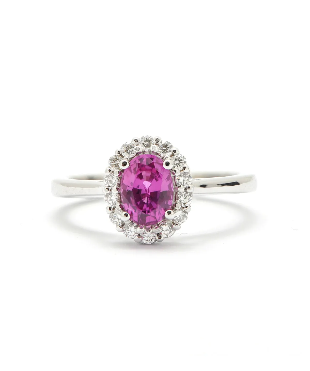 14K White Gold Pink Sapphire and Diamond Halo Ring