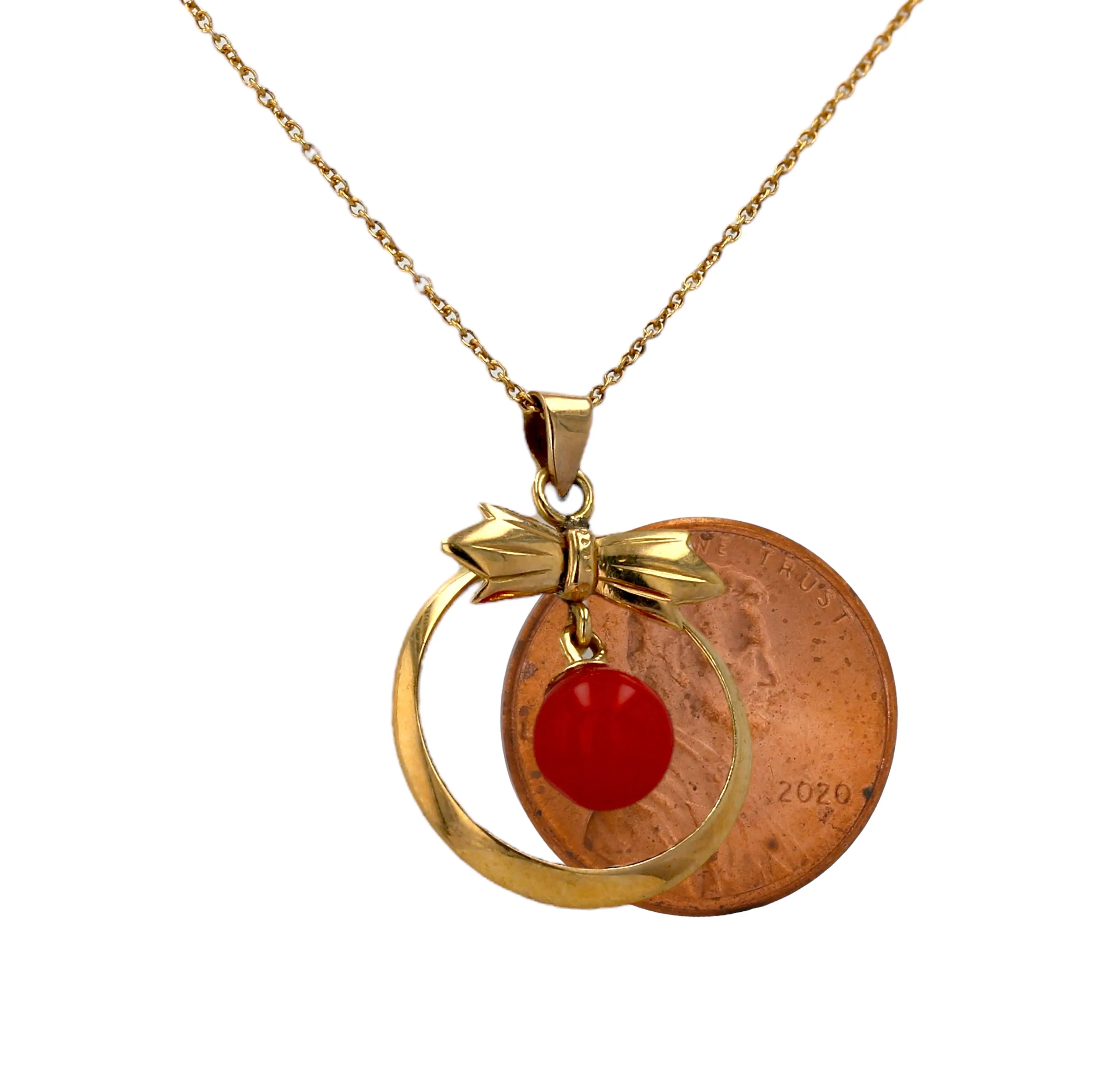 14K Yellow gold knot pendant floating red coral ball necklace