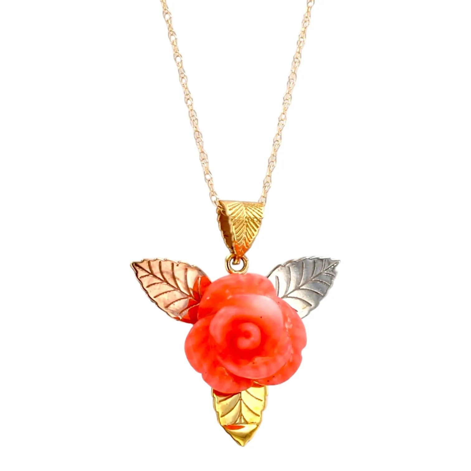 14K Yellow gold red coral rose pendant Singapore chain-52930