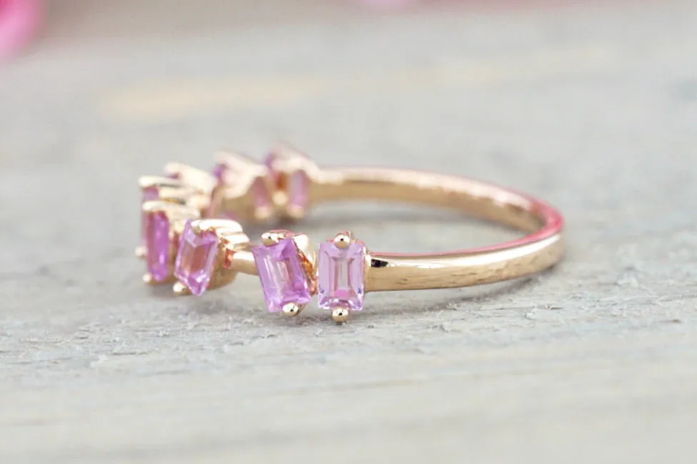 18k Rose Gold Pink Sapphire Baguette Cut Band Stackable Ring Wedding ASPBR010020