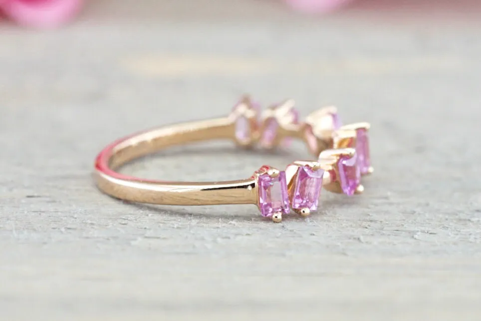 18k Rose Gold Pink Sapphire Baguette Cut Band Stackable Ring Wedding ASPBR010020