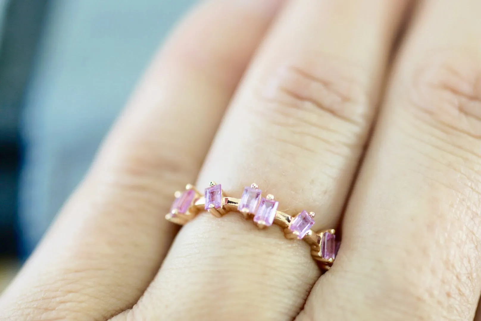 18k Rose Gold Pink Sapphire Baguette Cut Band Stackable Ring Wedding ASPBR010020