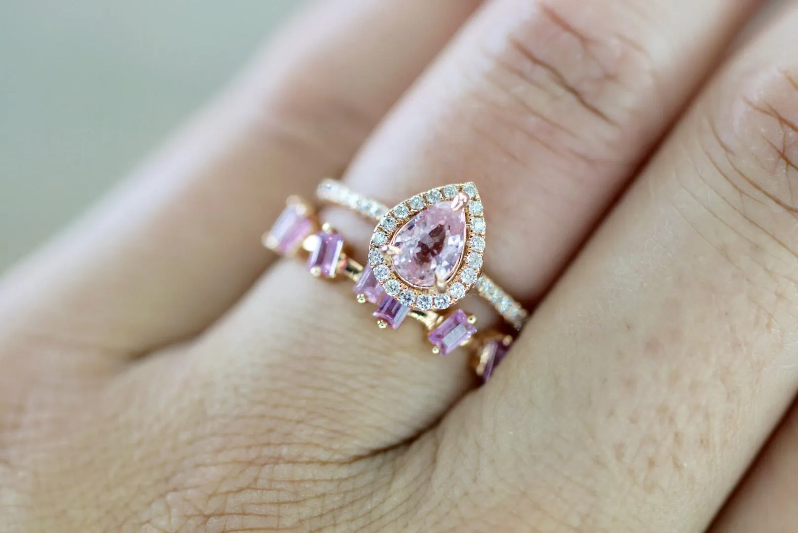 18k Rose Gold Pink Sapphire Baguette Cut Band Stackable Ring Wedding ASPBR010020