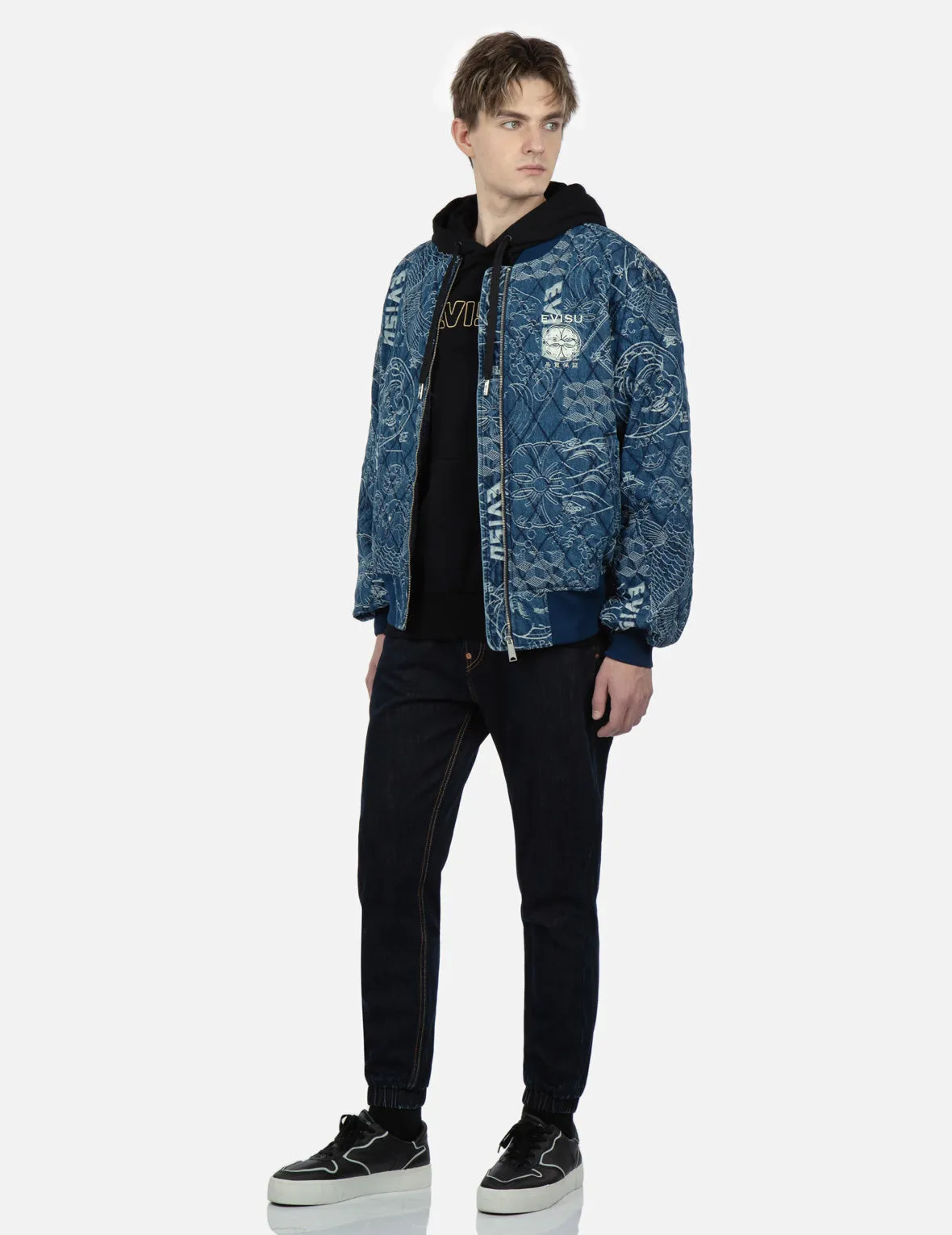 Allover Japanese-Pattern Jacquard Quilted Bomber Jacket