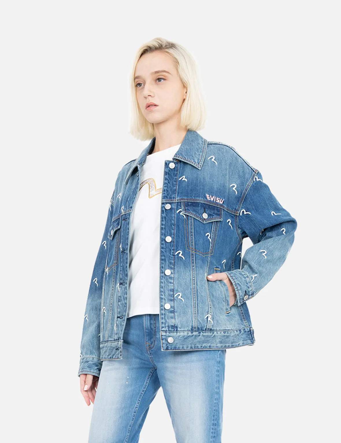 Allover Seagull Embroidery Denim Jacket