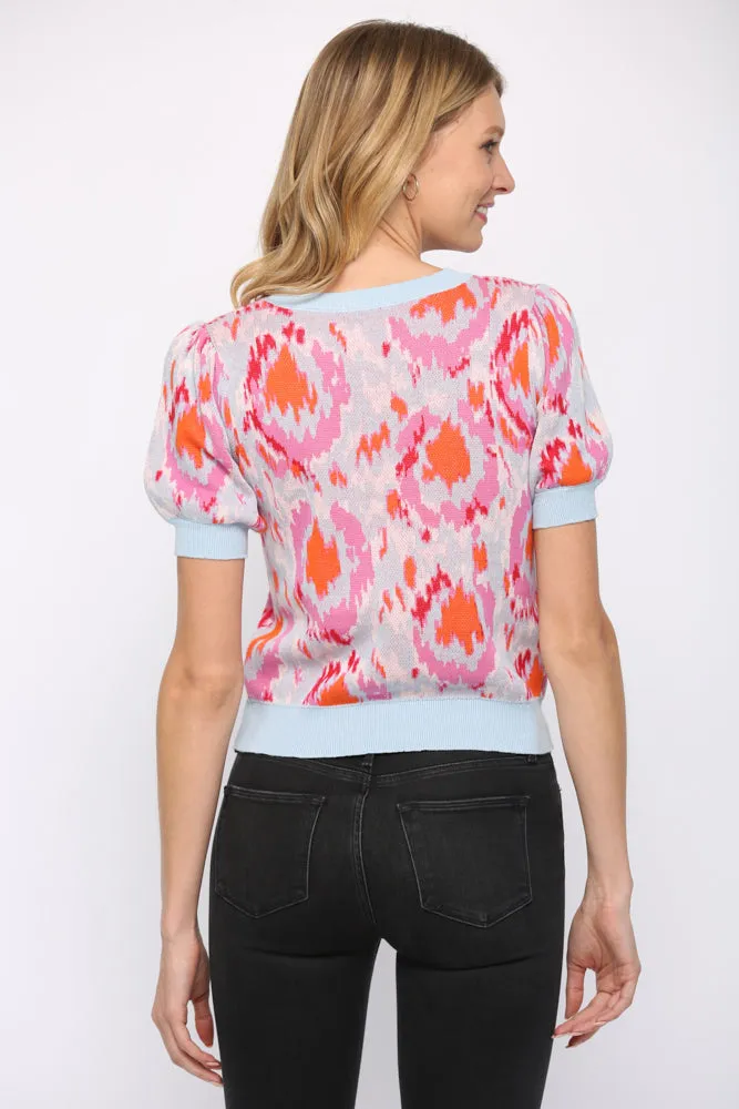 Amaya Multi Color Print Short Sleeve Puff Sweater