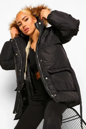 Belted Faux Fur Trim Puffer Jacket