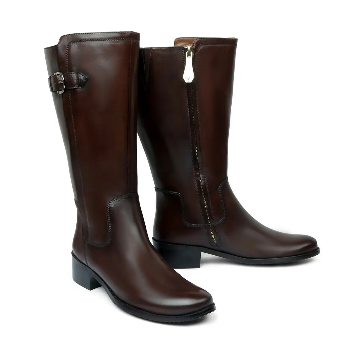 Bespoke Dark Brown Knee Height Blocked Heel Ladies Leather Boots By Brune & Bareskin