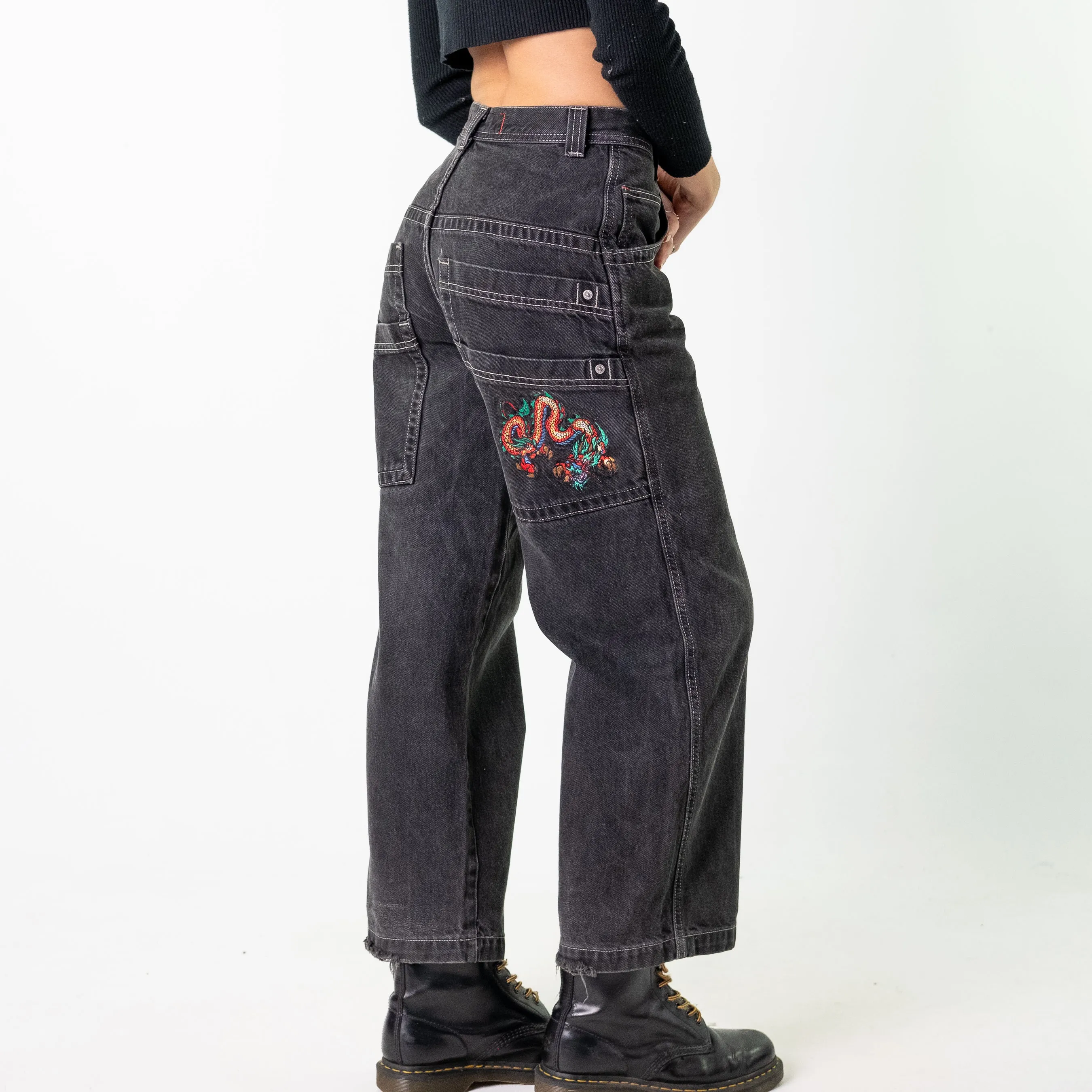 Black 90s Baggy Hip Hop JNCO Cargo Skater Trousers Pants Jeans (26x28)