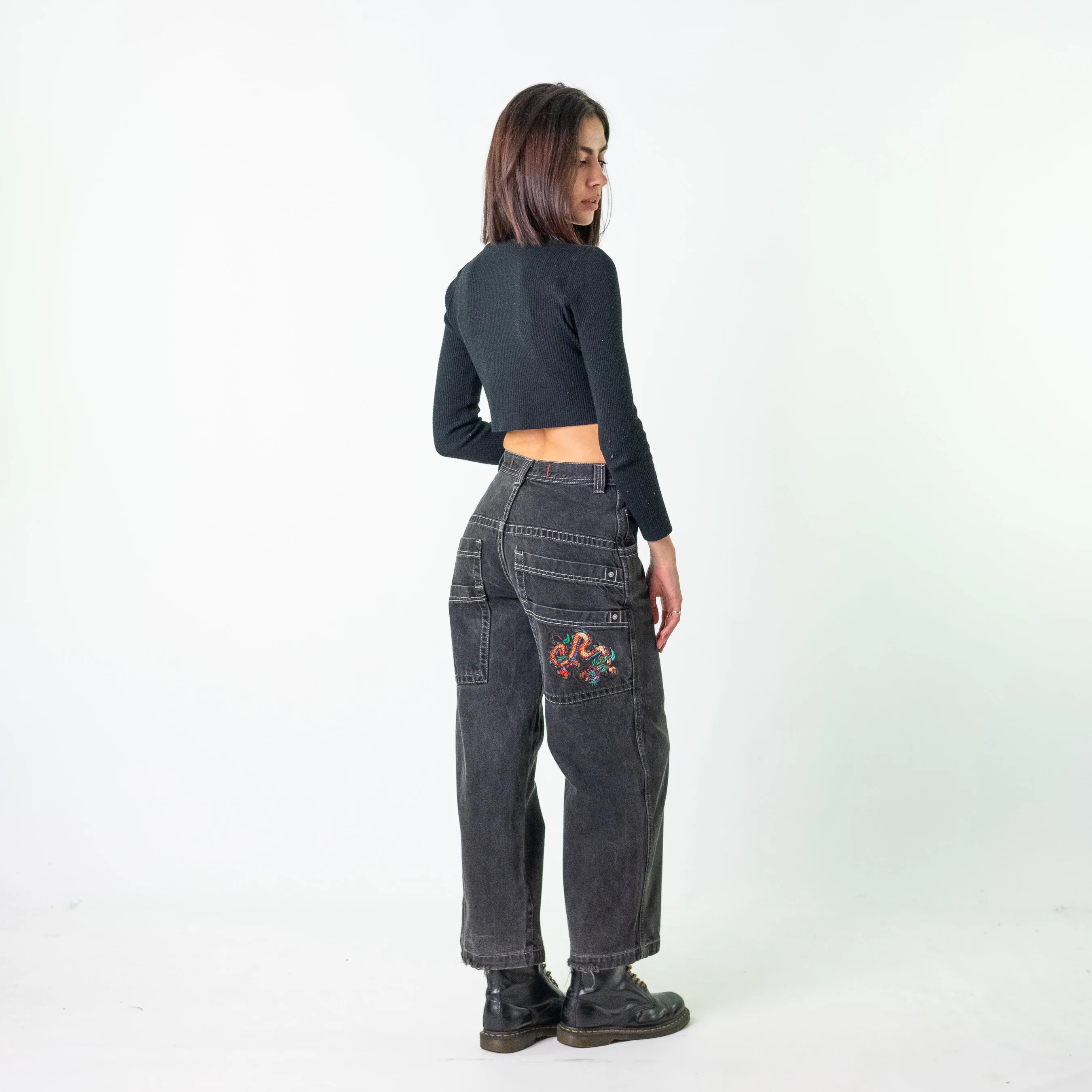 Black 90s Baggy Hip Hop JNCO Cargo Skater Trousers Pants Jeans (26x28)