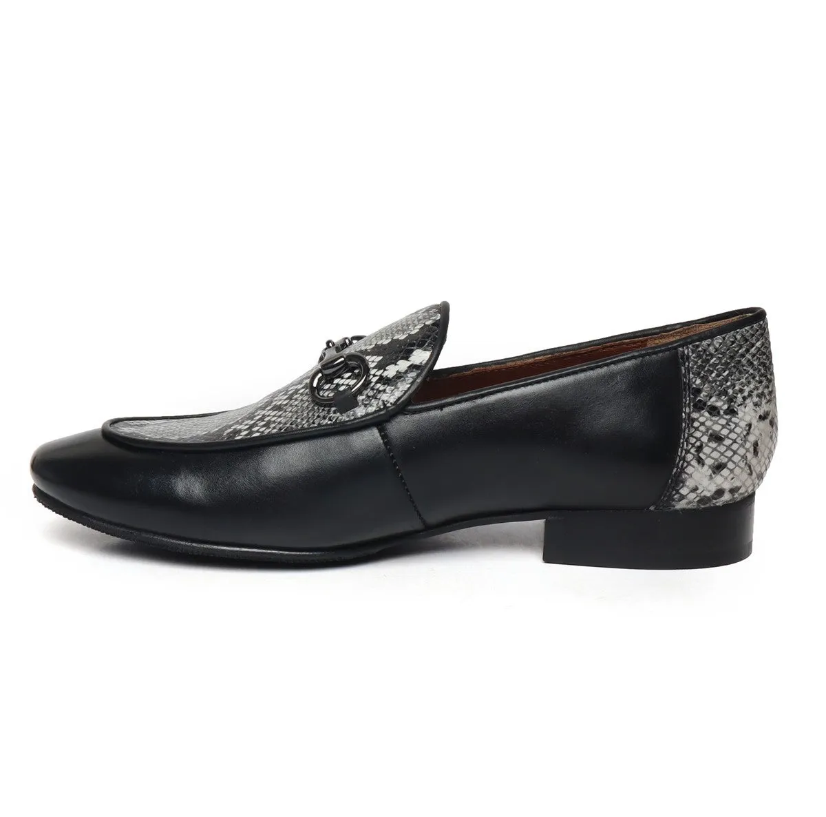 Black Horse-bit Leather Loafers With Snake Print at Vamp