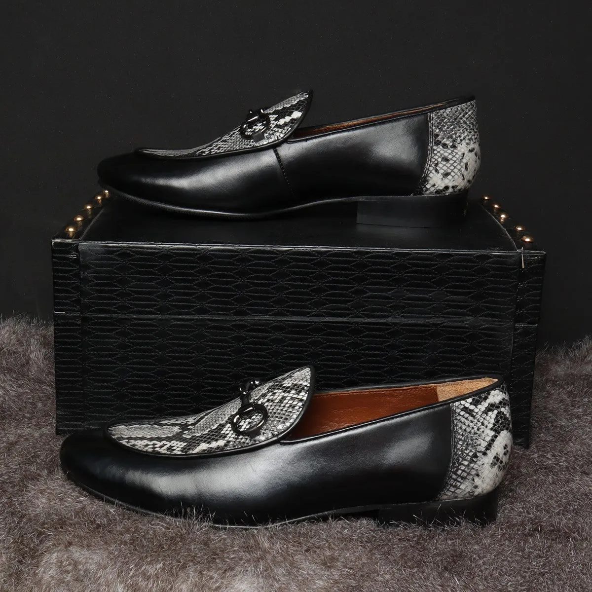 Black Horse-bit Leather Loafers With Snake Print at Vamp