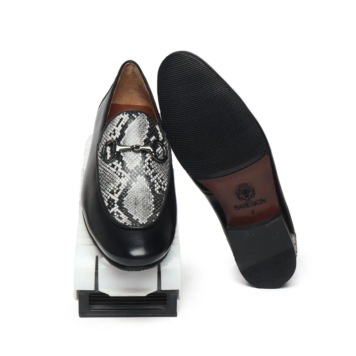 Black Horse-bit Leather Loafers With Snake Print at Vamp