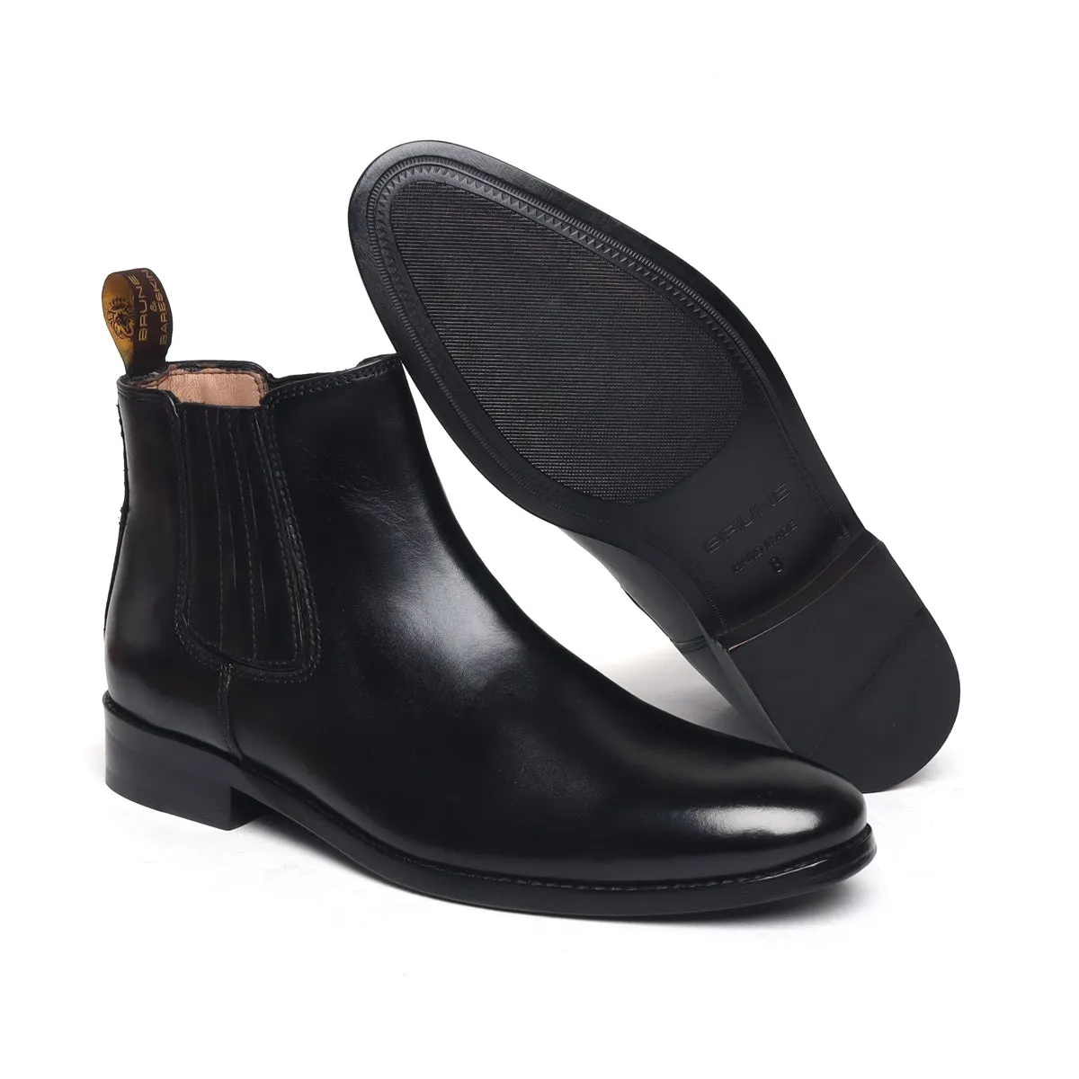 Black Leather High Ankle Handmade Chelsea Boots with Black Leather Sole