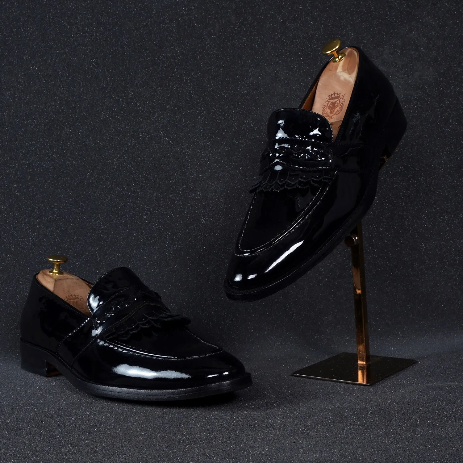 Black Patent Leather Slip-On Loafers with Dual Fringes Weaved Strip by Brune & Bareskin