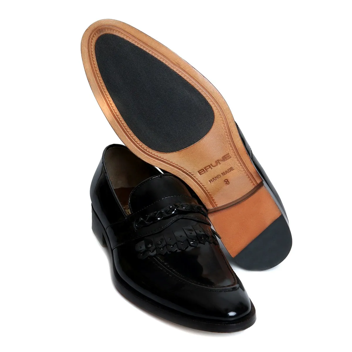 Black Patent Leather Slip-On Loafers with Dual Fringes Weaved Strip by Brune & Bareskin