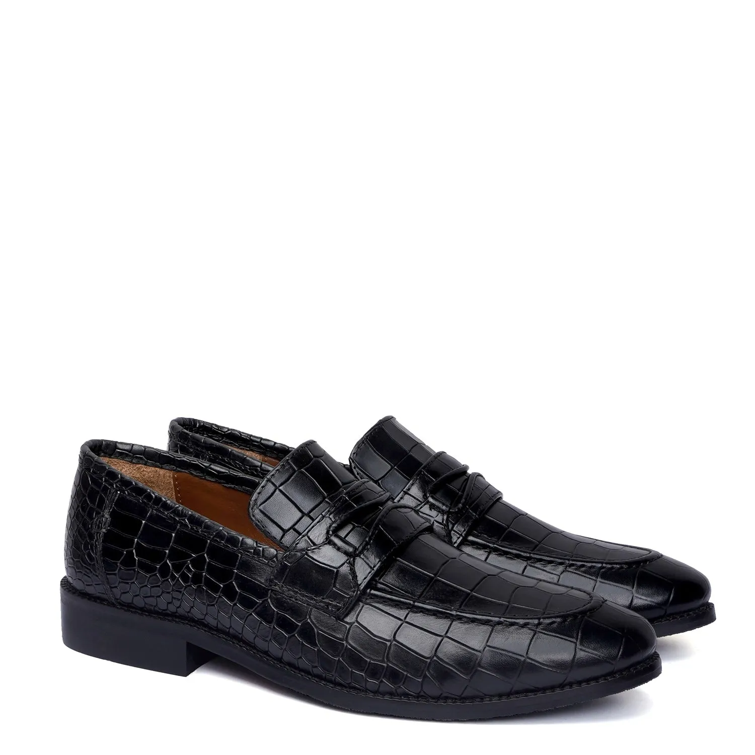 Black Penny Loafers with Cut Croco Leather