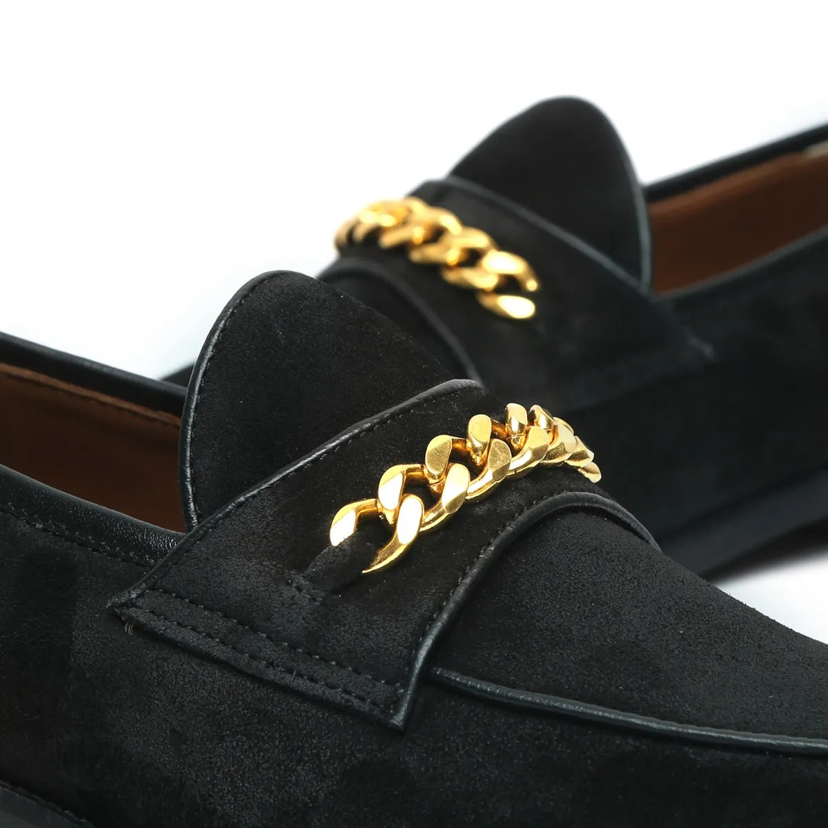 Black Suede Leather Penny Loafers with Golden Chain Embellishment