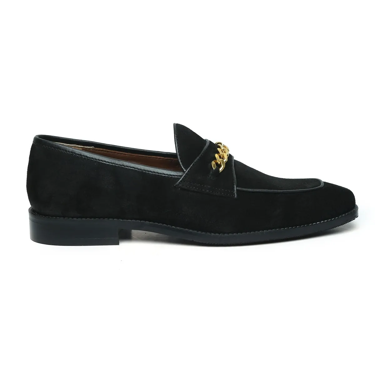 Black Suede Leather Penny Loafers with Golden Chain Embellishment