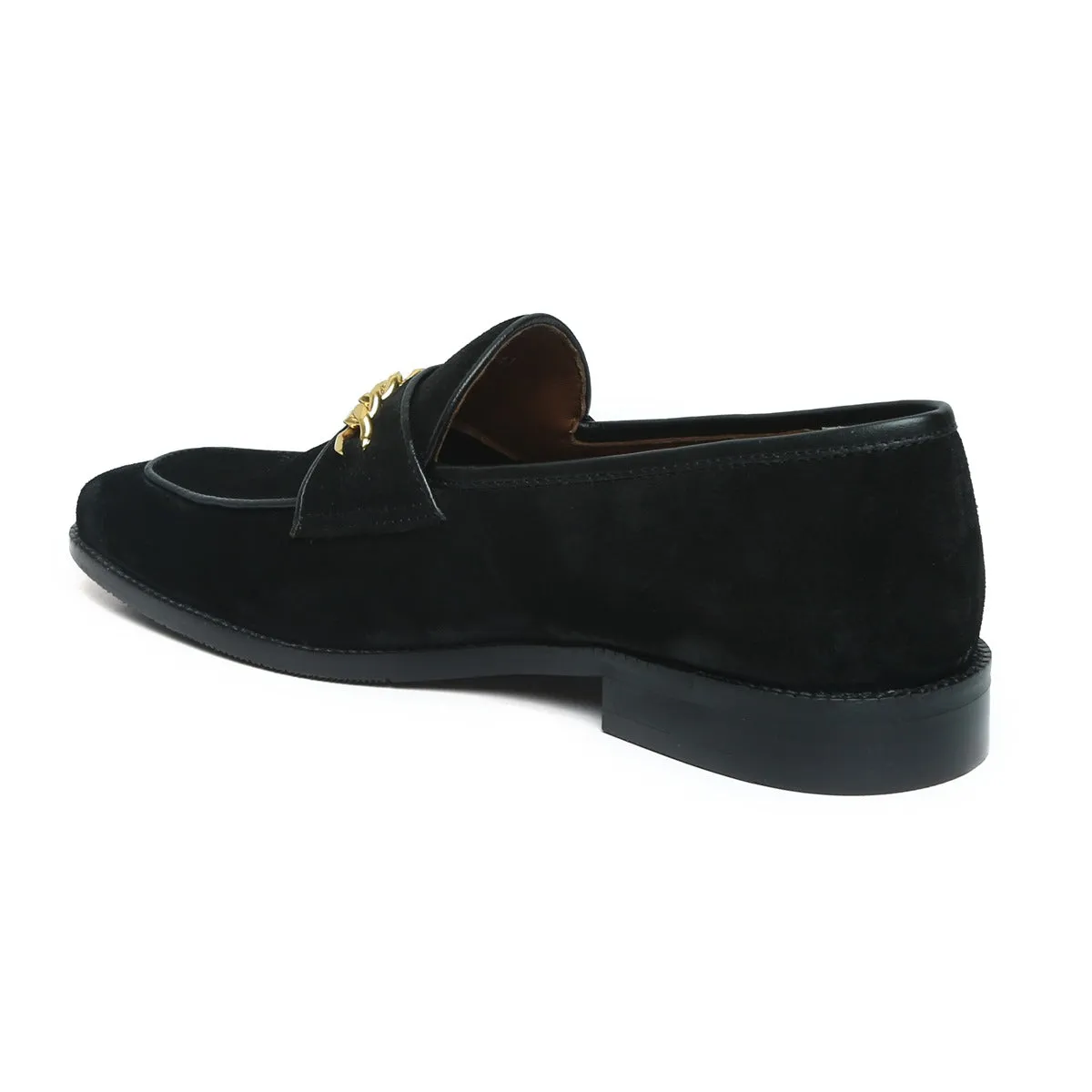 Black Suede Leather Penny Loafers with Golden Chain Embellishment