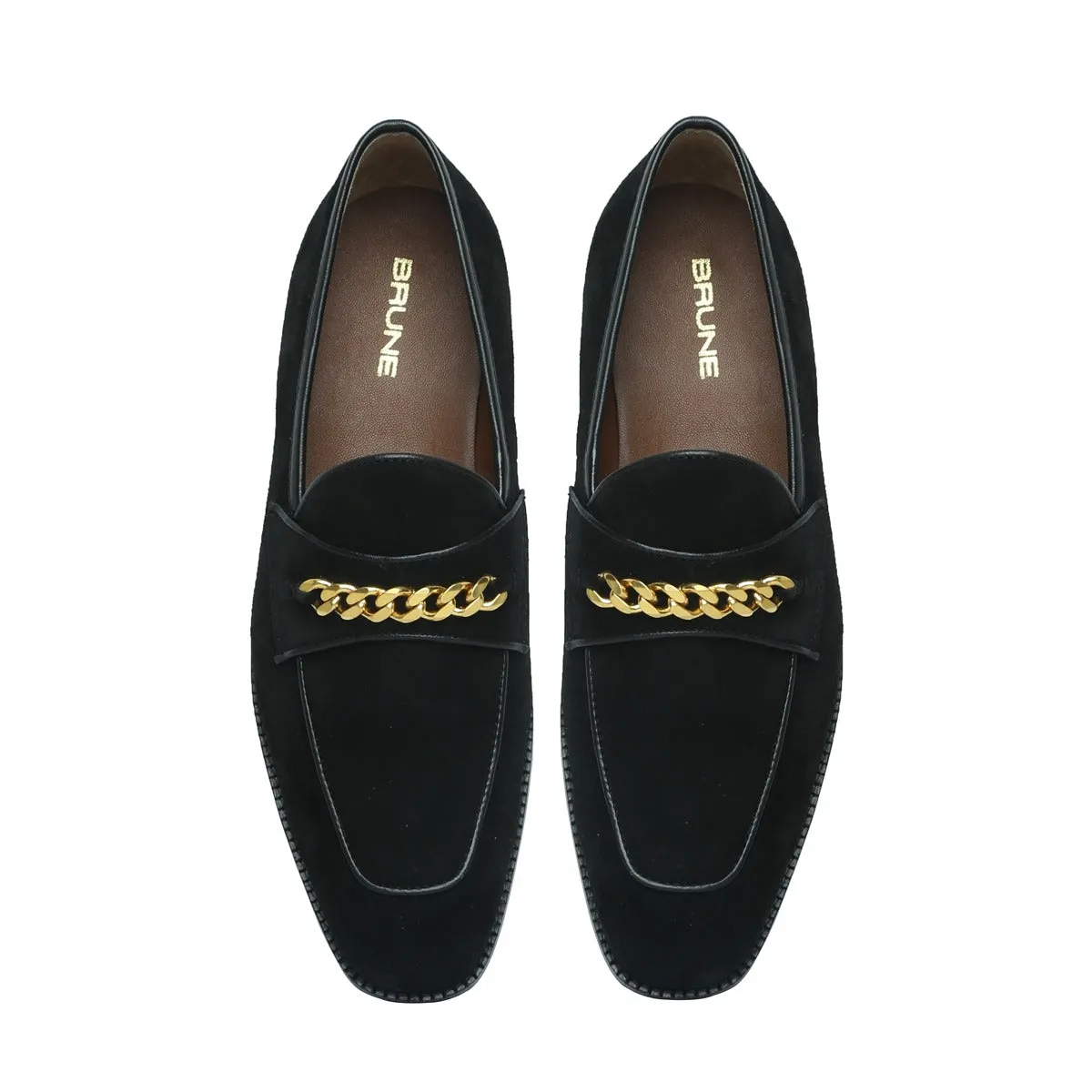 Black Suede Leather Penny Loafers with Golden Chain Embellishment