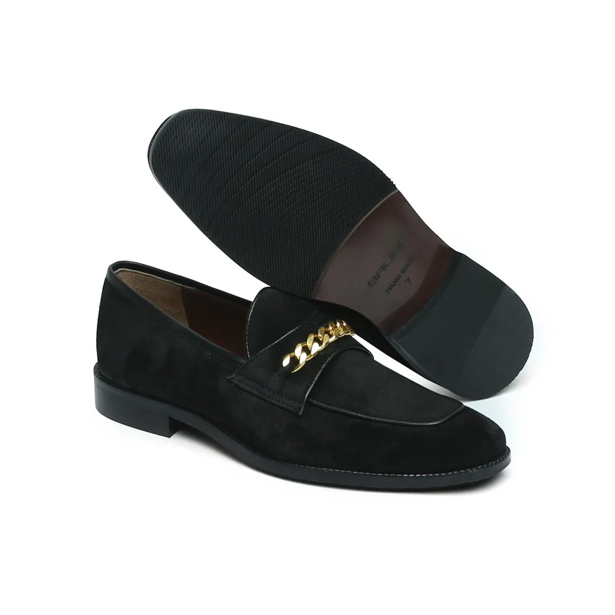 Black Suede Leather Penny Loafers with Golden Chain Embellishment