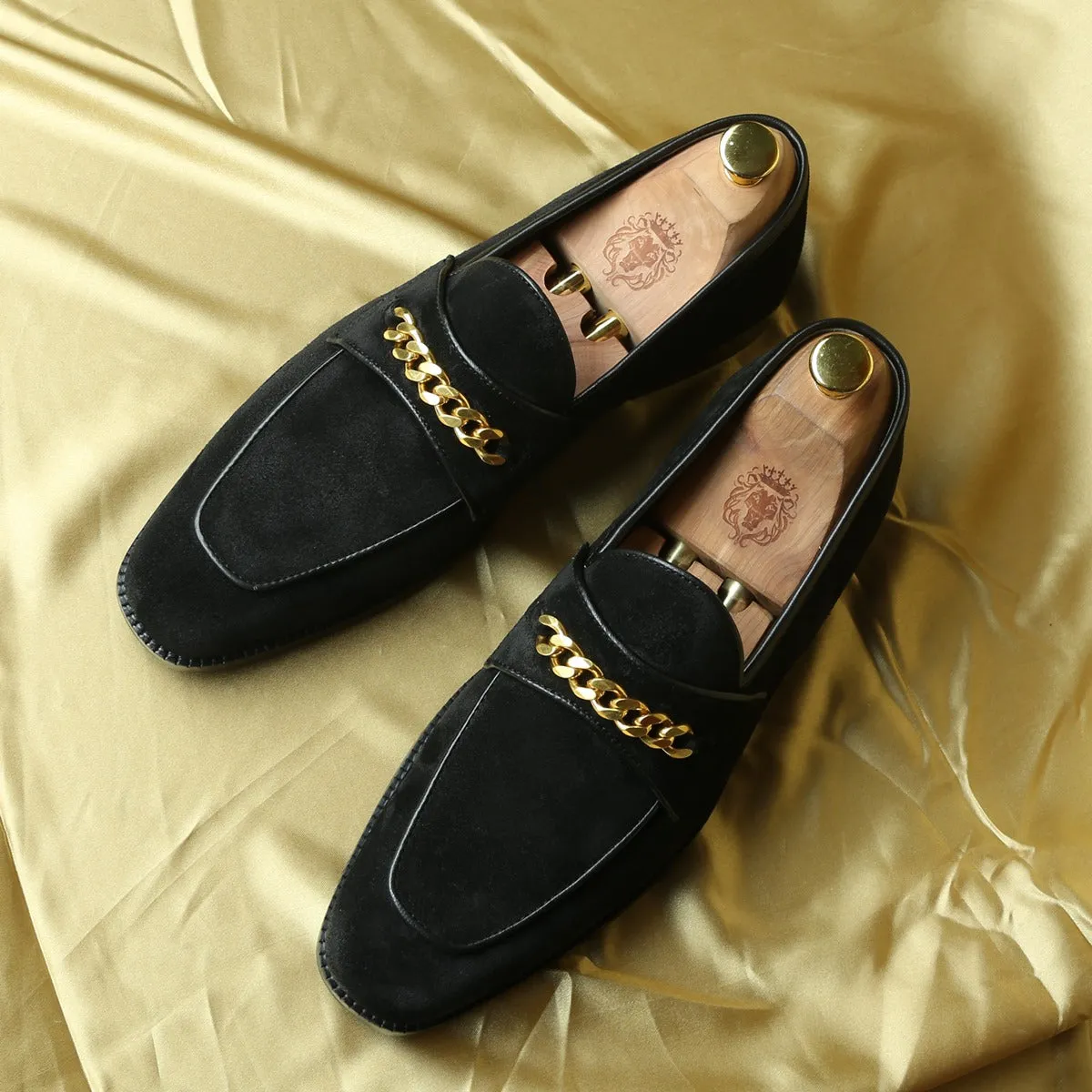 Black Suede Leather Penny Loafers with Golden Chain Embellishment