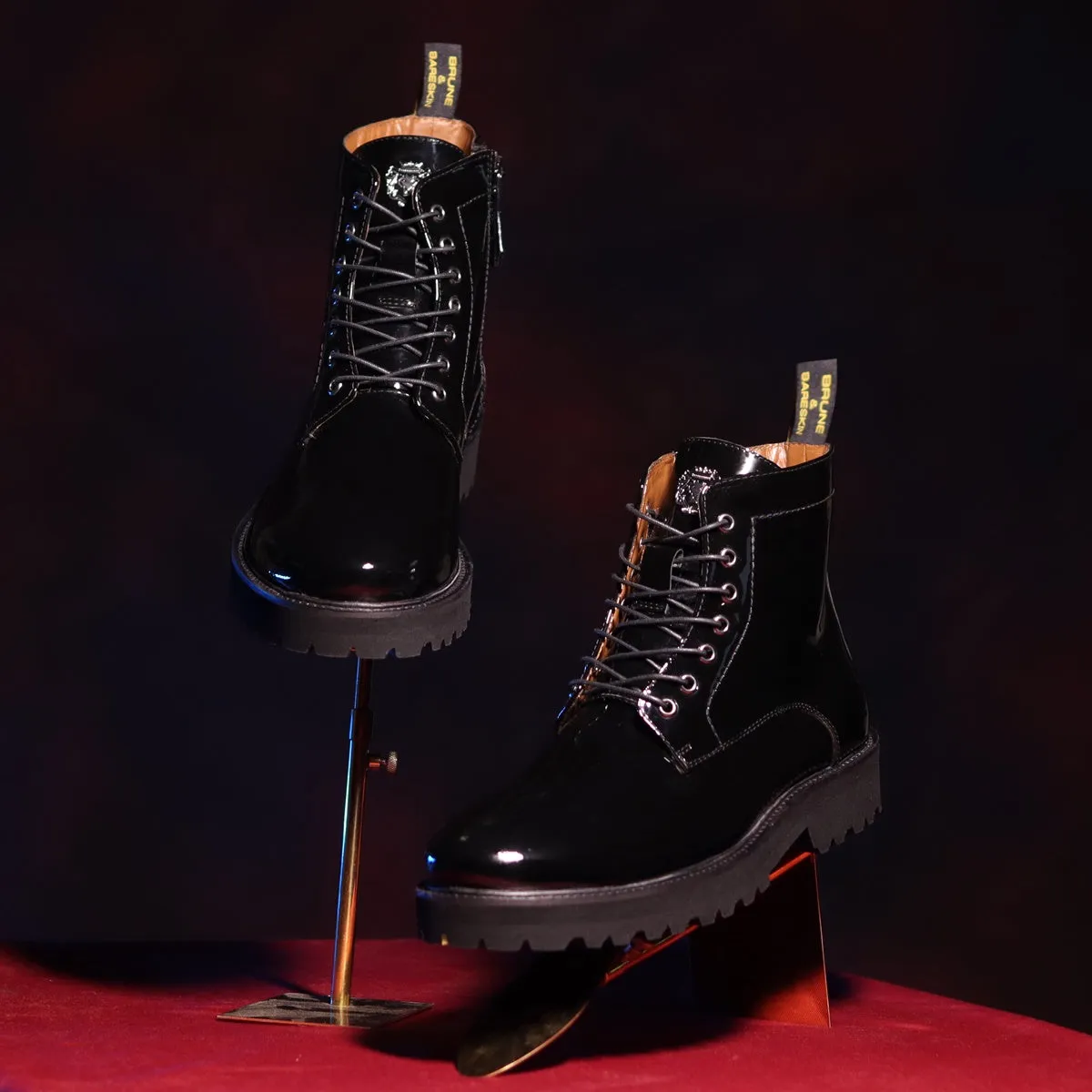 Black Ultra Light Weight Biker Boots Premium Authentic Patent Leather by Brune & Bareskin