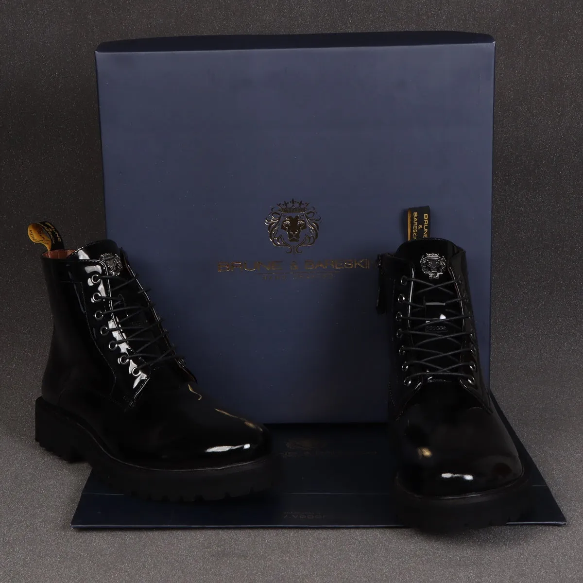 Black Ultra Light Weight Biker Boots Premium Authentic Patent Leather by Brune & Bareskin