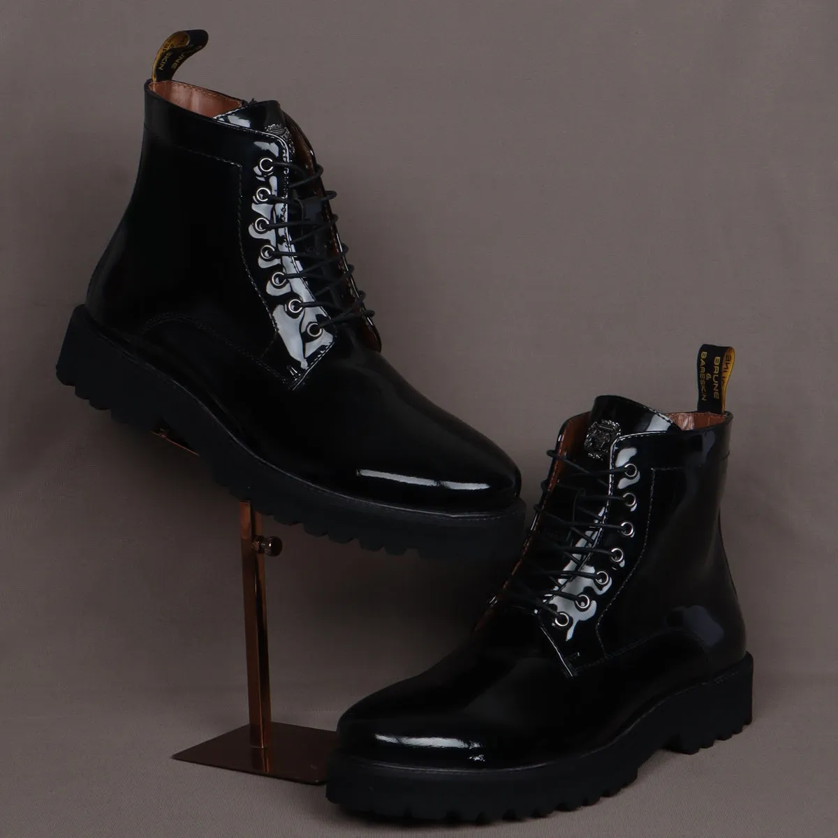 Black Ultra Light Weight Biker Boots Premium Authentic Patent Leather by Brune & Bareskin