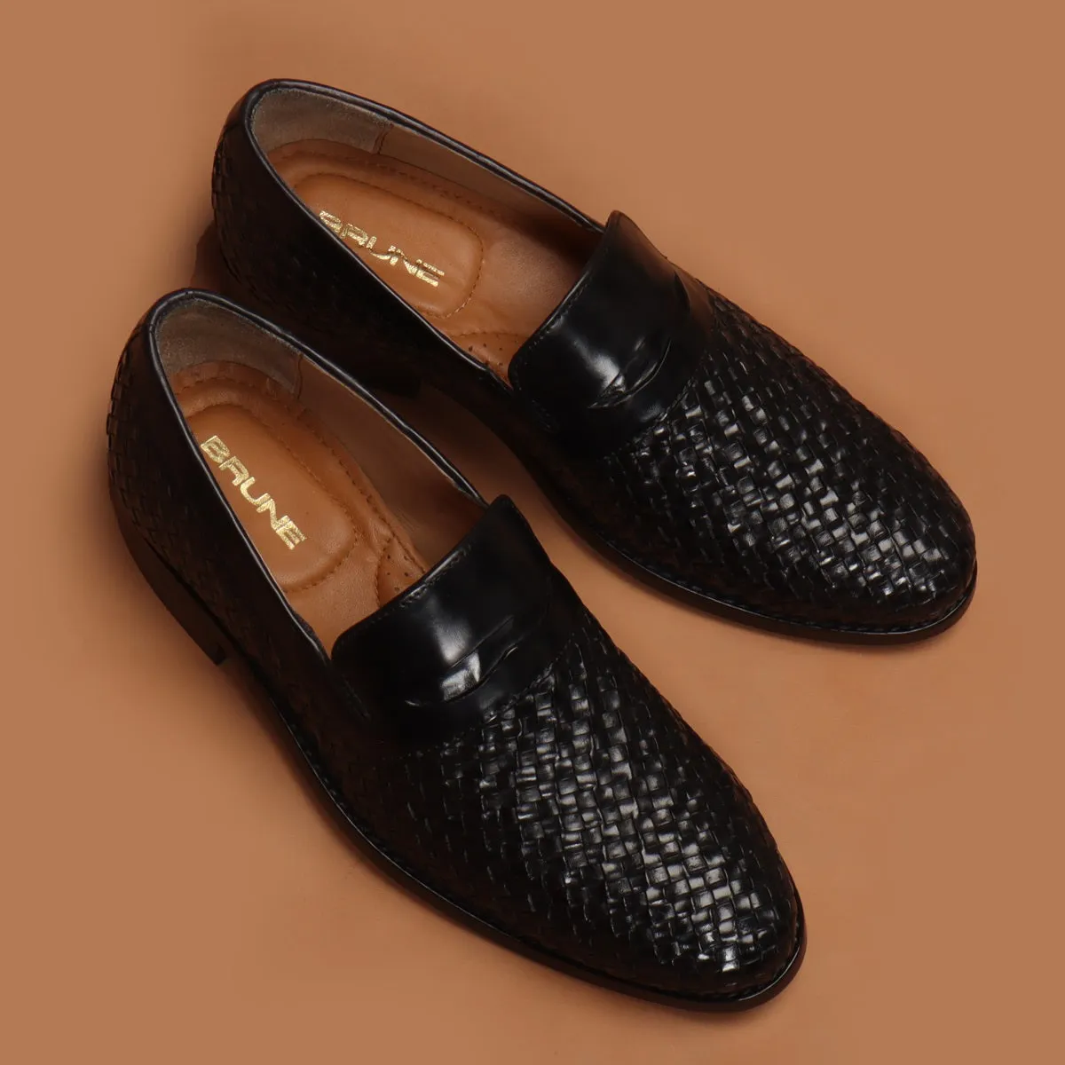 Black Weaved Design Leather Loafers