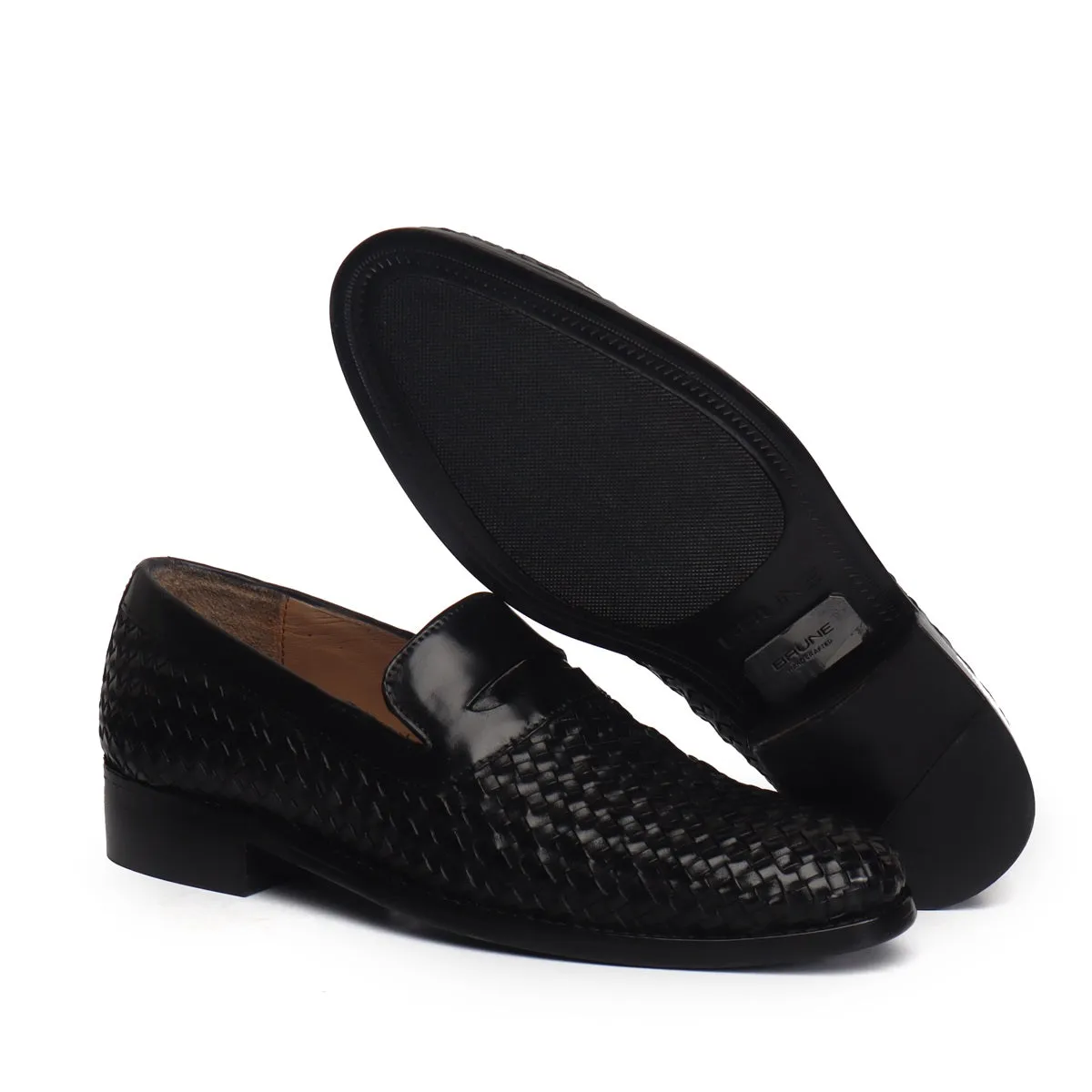 Black Weaved Design Leather Loafers