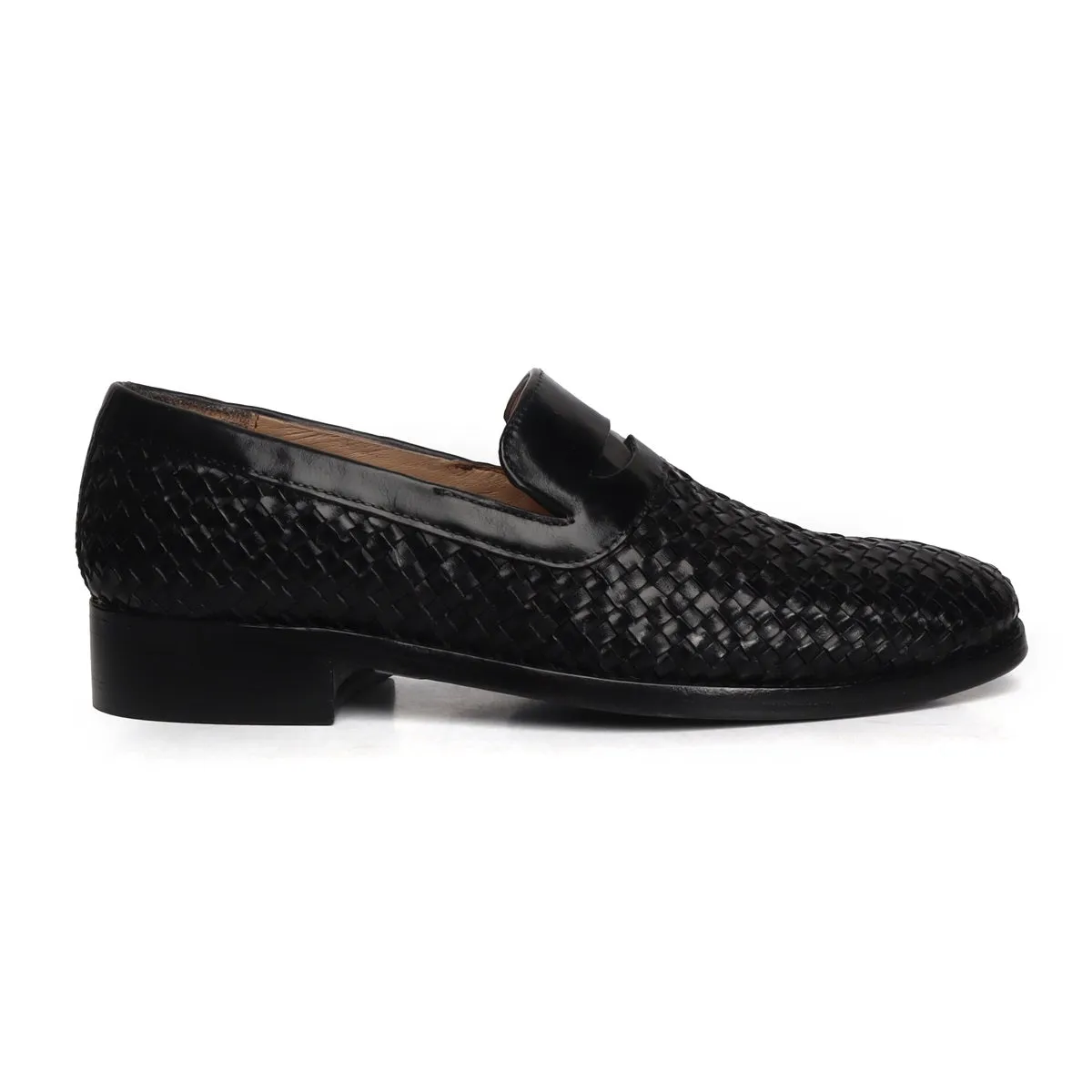 Black Weaved Design Leather Loafers