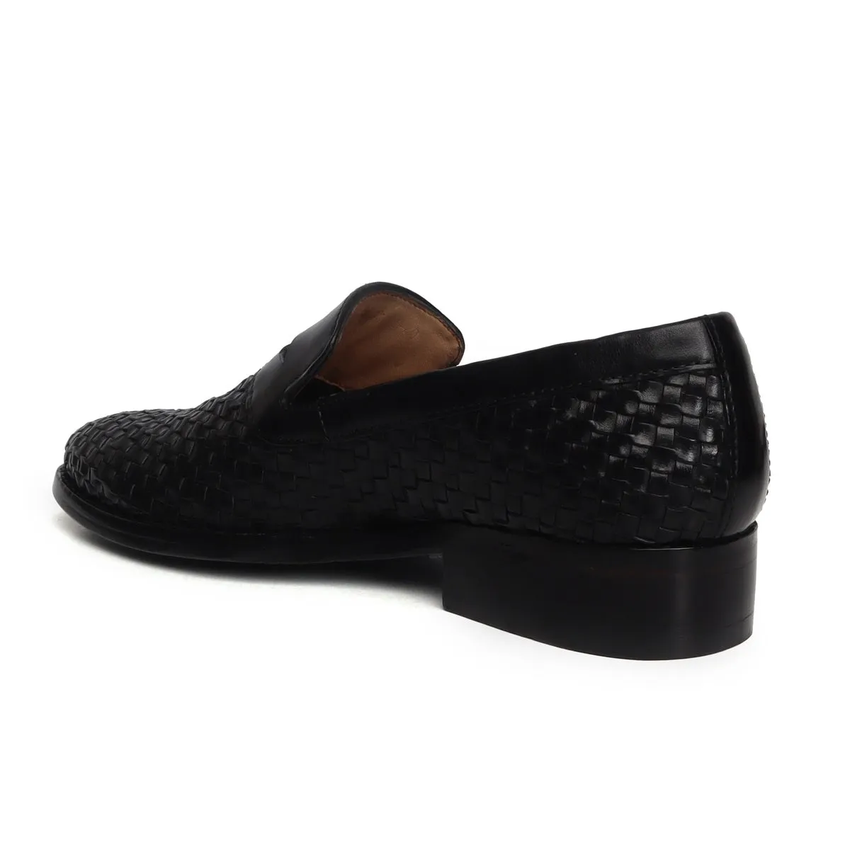 Black Weaved Design Leather Loafers