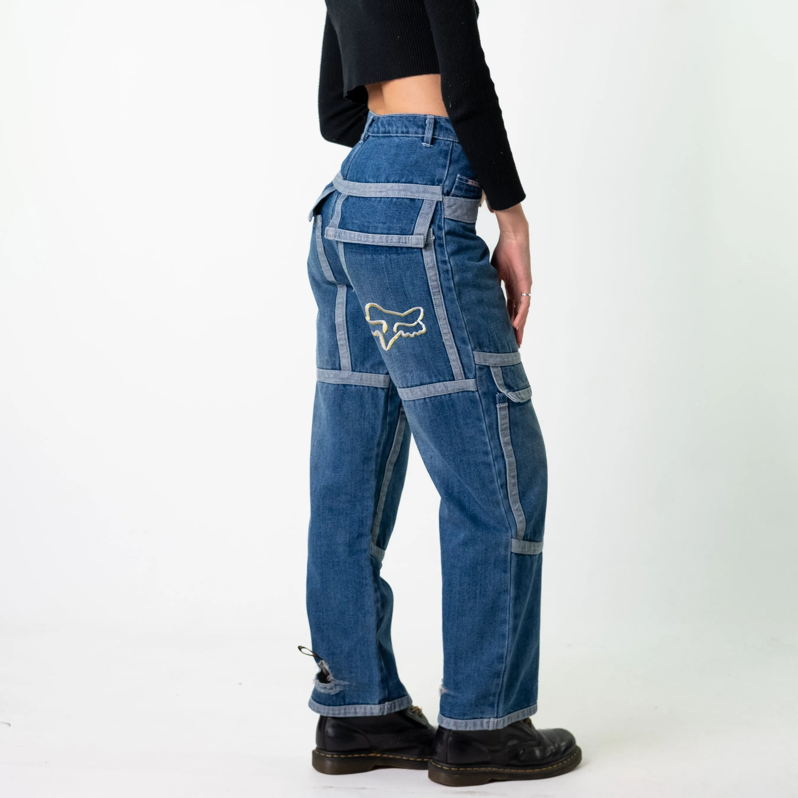 Blue Denim 90s Baggy Hip Hop Fox Racing Cargo Skater Trousers Pants Jeans (28x29)