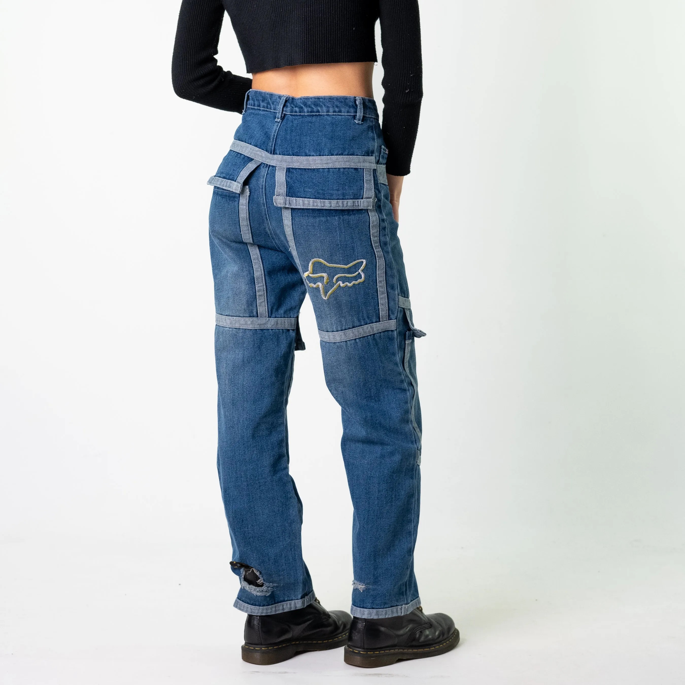 Blue Denim 90s Baggy Hip Hop Fox Racing Cargo Skater Trousers Pants Jeans (28x29)