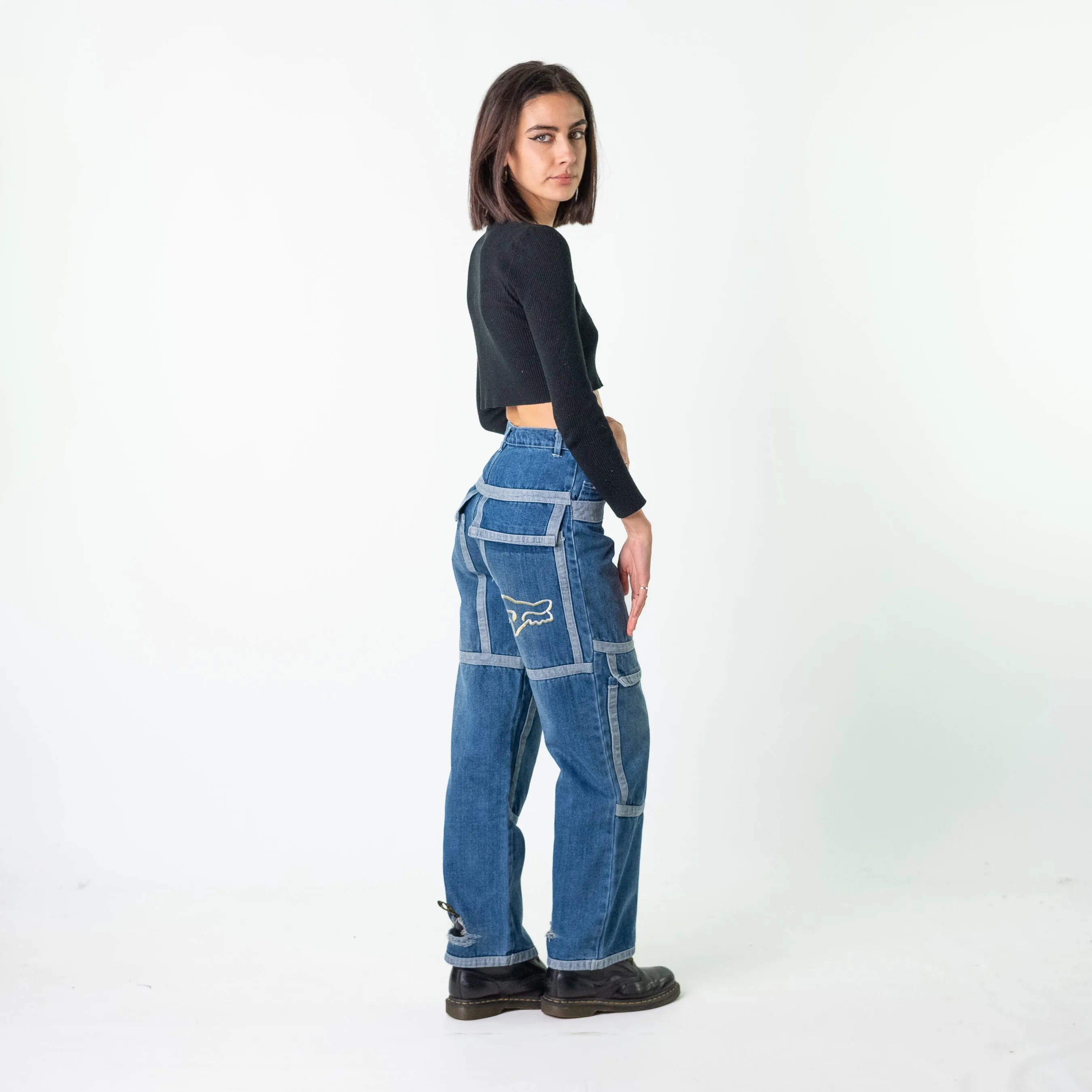 Blue Denim 90s Baggy Hip Hop Fox Racing Cargo Skater Trousers Pants Jeans (28x29)