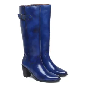 Blue Knee Height Blocked Heel With Buckle Detail Ladies Leather Boots By Brune & Bareskin