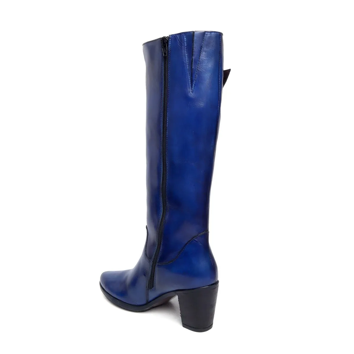 Blue Knee Height Blocked Heel With Buckle Detail Ladies Leather Boots By Brune & Bareskin