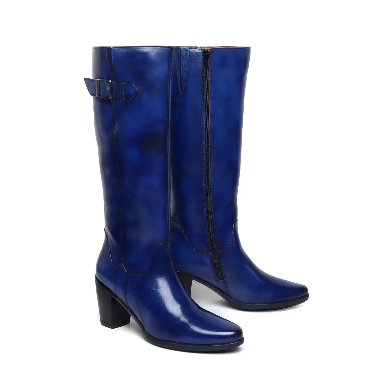 Blue Knee Height Blocked Heel With Buckle Detail Ladies Leather Boots By Brune & Bareskin