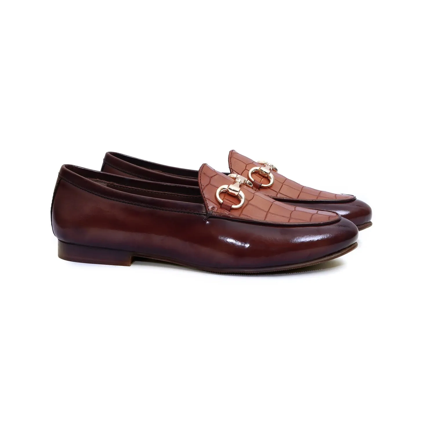 Brown Brush Off Leather Loafers with Tan Deep Cut Croco Leather at Vamp for Ladies by Brune & Bareskin