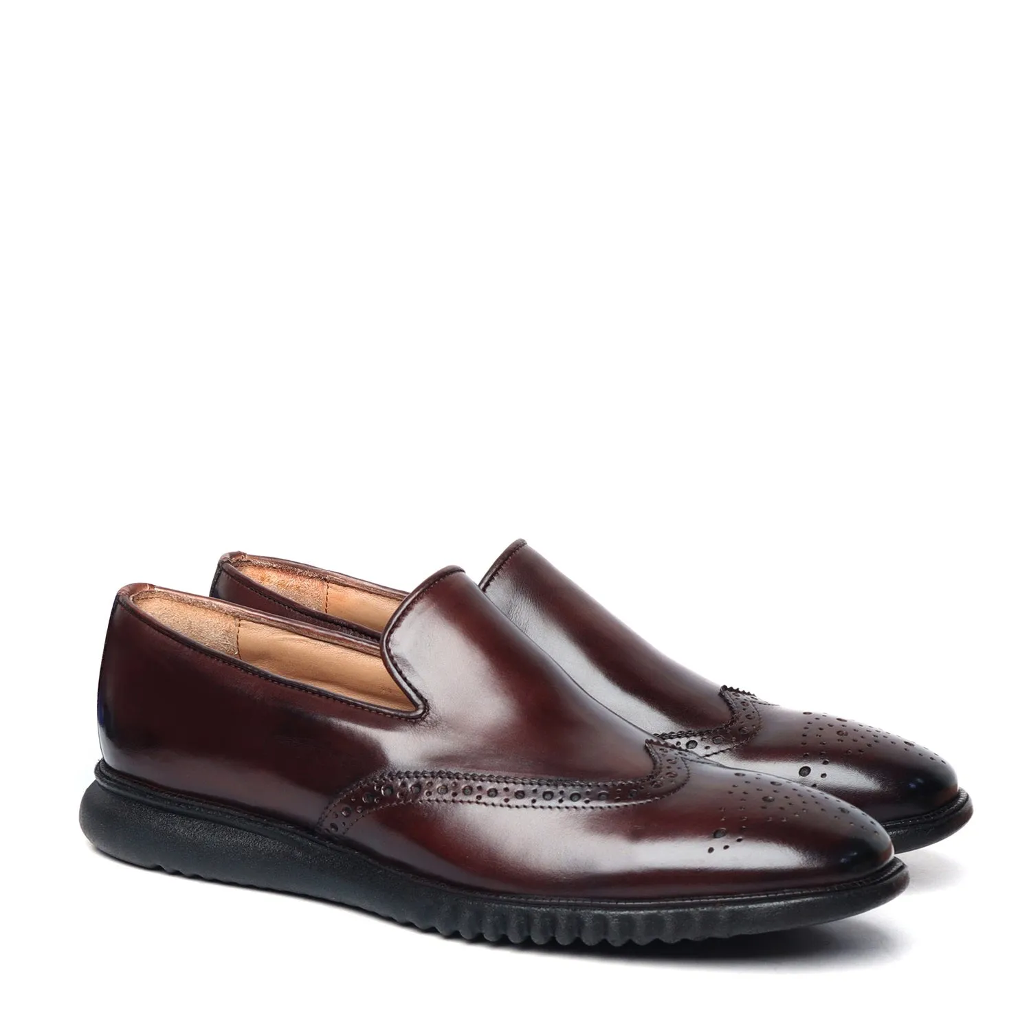 Brown Burnished Leather Wingtip Light Weight Loafers By Brune & Bareskin