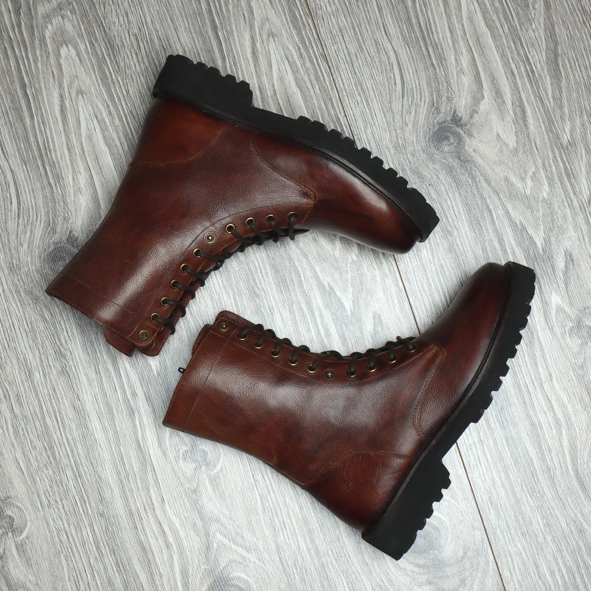 Brown Fordable High Ankle Boots in Textured Leather By Brune & Bareskin