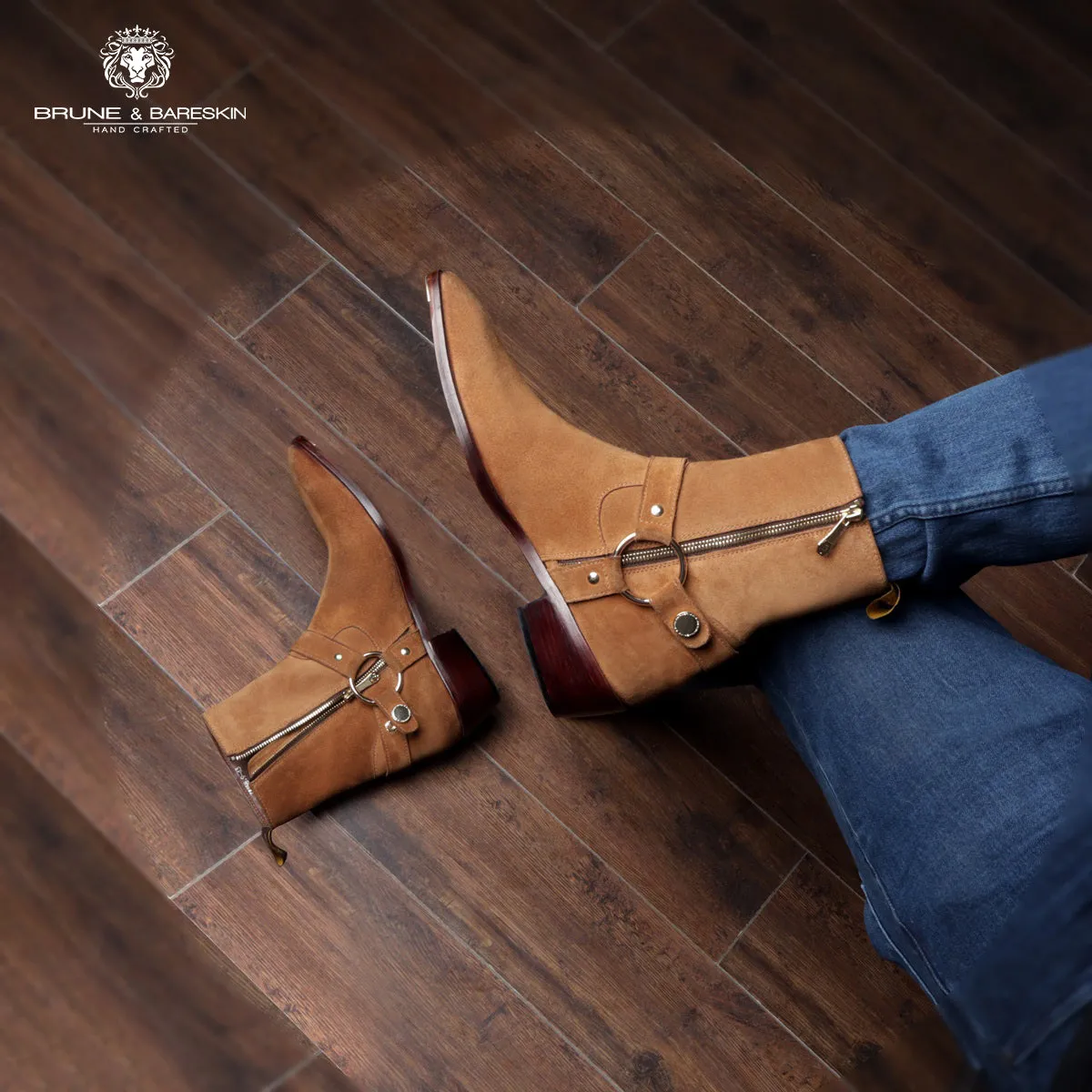 Brown perfect Cuban heel Boots Side Zip in Suede Leather