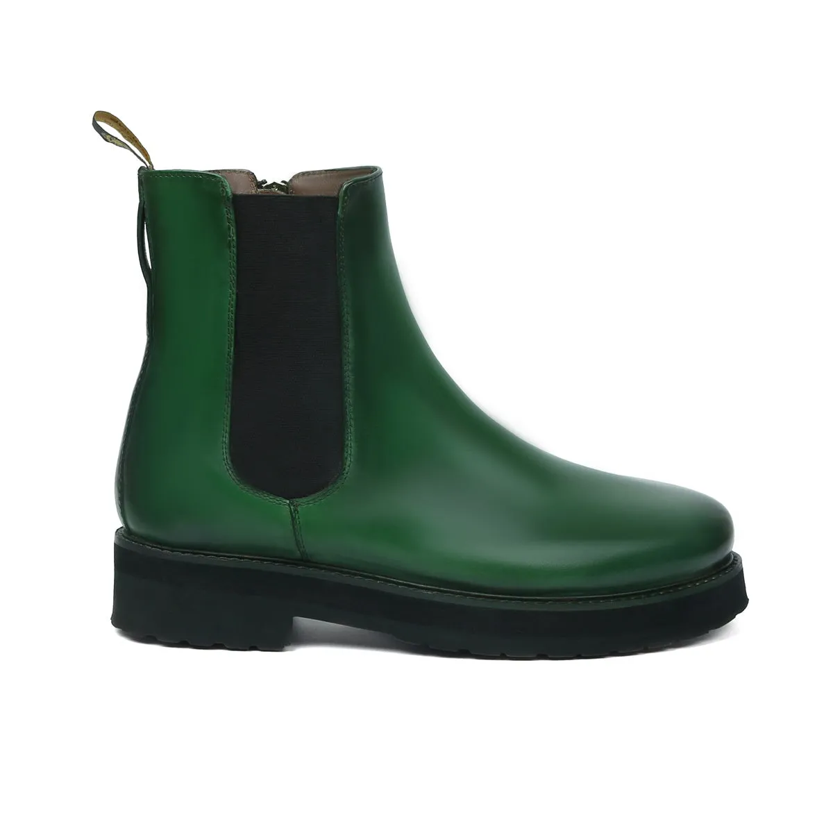 Brush-off High Ankle Chelsea Boots in Green Leather With Light Weight Sole By Brune & Bareskin