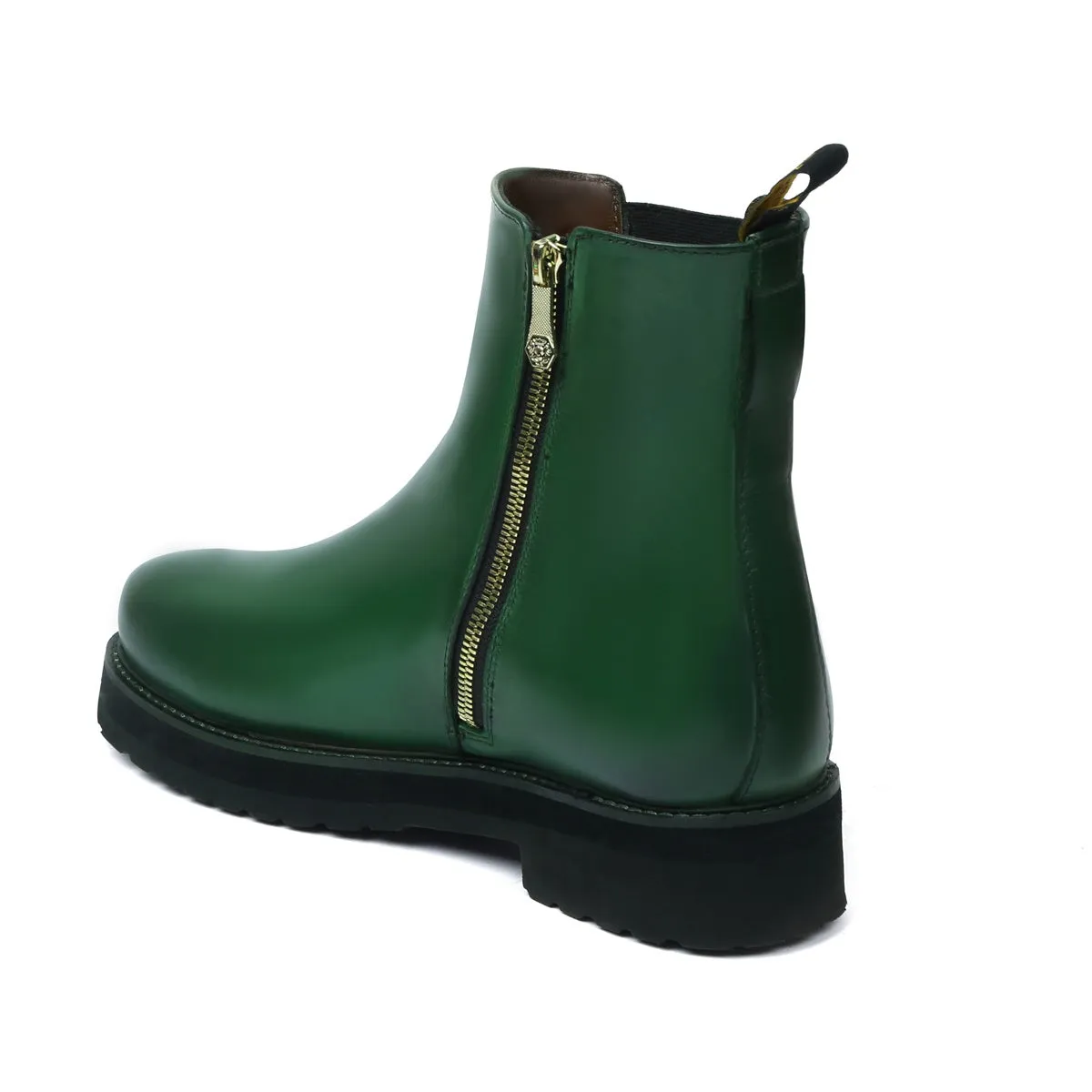 Brush-off High Ankle Chelsea Boots in Green Leather With Light Weight Sole By Brune & Bareskin